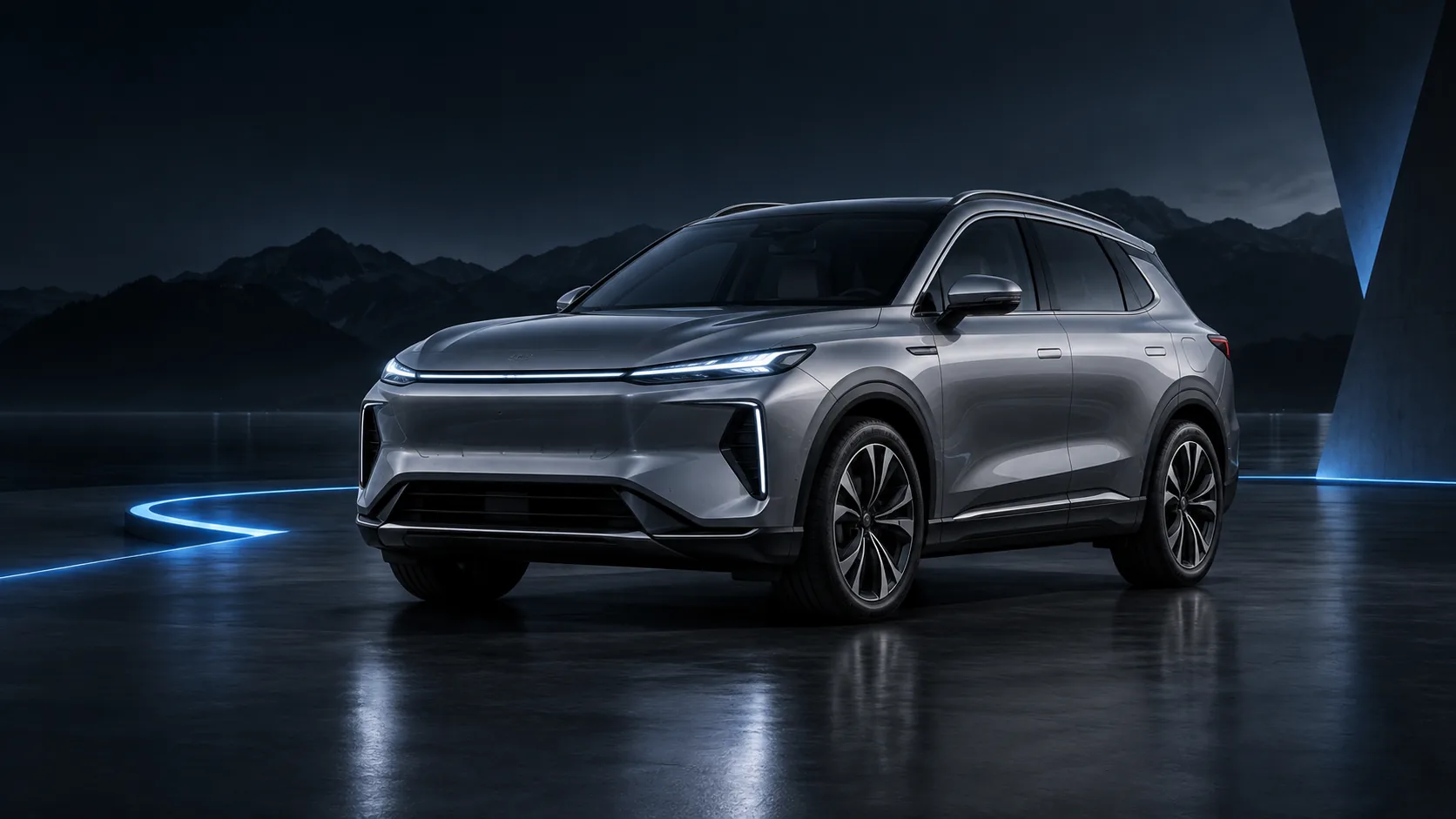 Conceptual silver SUV in a dark studio